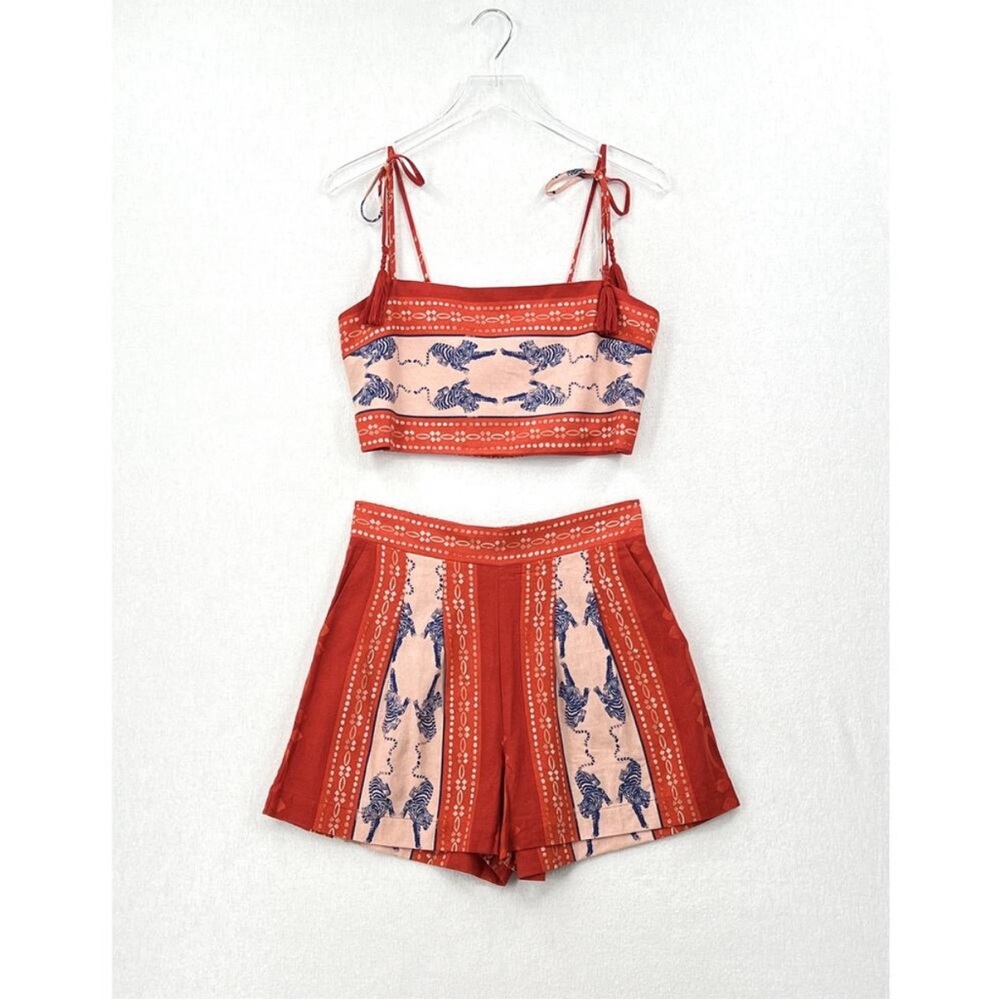 CAROLINE CONSTAS Linen 2 Piece Short Set Women Medium Red Orange Tiger Print NEW